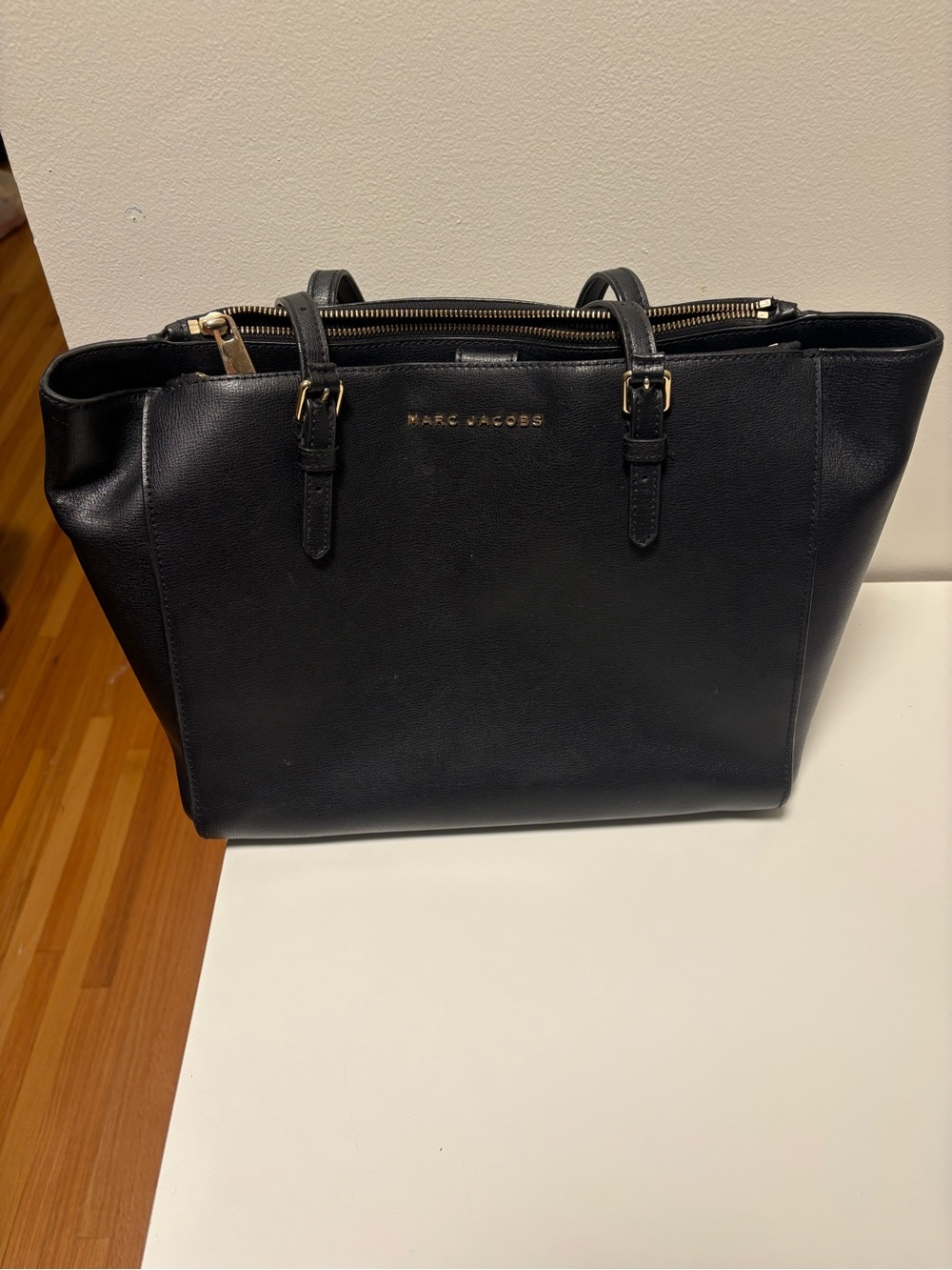 Marc Jacobs Black Leather Laptop Tote with Gold Accents